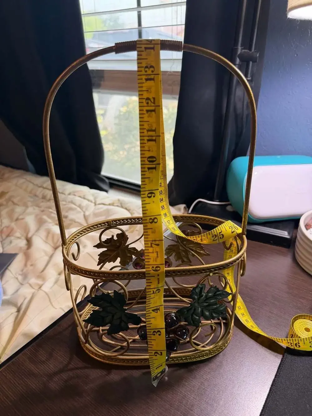 Vintage Gold Tone Metal Wire Basket with Grape and Leaf Accents